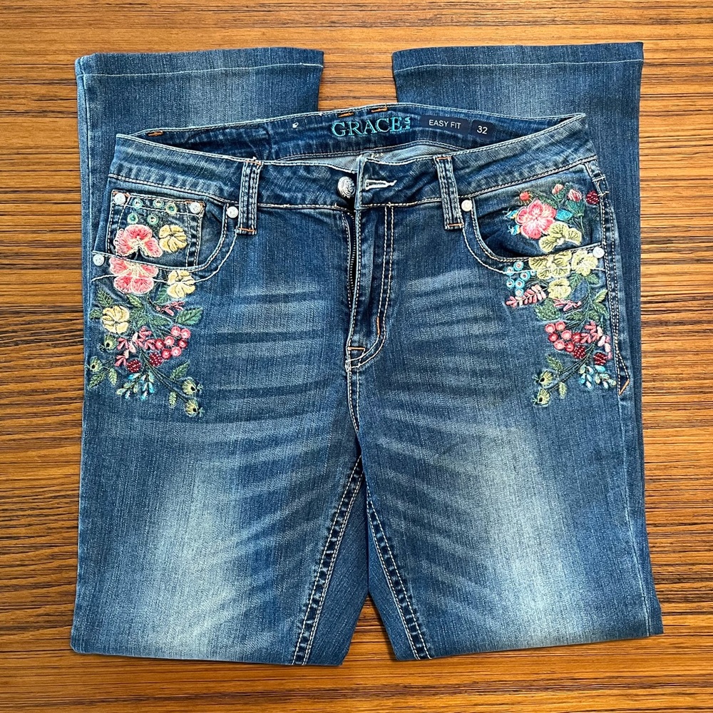 Grace in LA Easy Fit Embroidered Bootcut Jeans